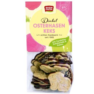 Rosengarten Dinkel-Osterhasen-Kekse mit Zartbitterschokoladenboden und Kokosraspeln - Bio - 150g