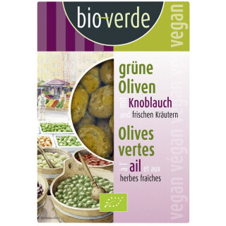bio-verde Grüne Oliven mit Knoblauch mariniert mit frischen Kräutern - Bio - 150g x 6  - 6er Pack VPE