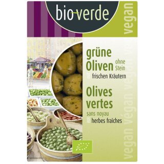 bio-verde Grüne Oliven ohne Stein mariniert mit frischen Kräutern - Bio - 150g x 6  - 6er Pack VPE