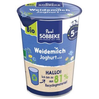 Söbbeke Weidemilch Naturjoghurt mild 3,8% Becher - Bio - 500g x 6  - 6er Pack VPE